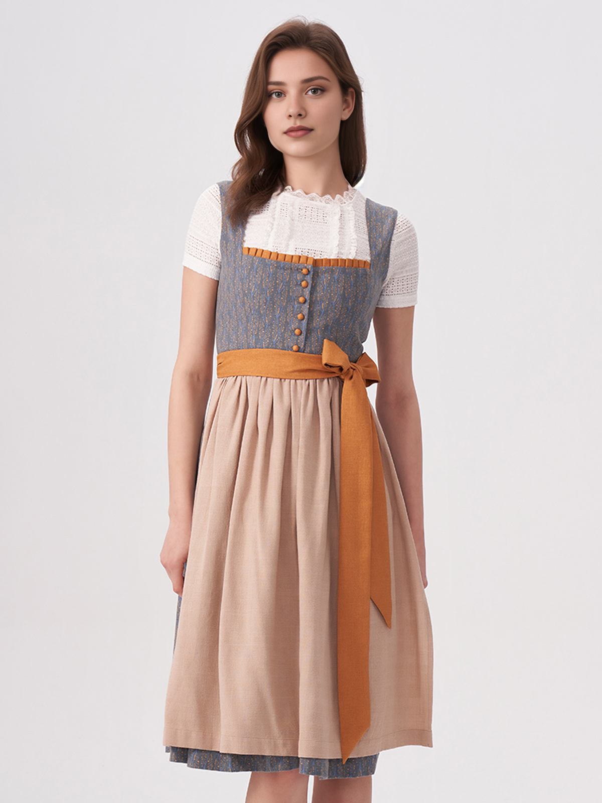 Modernes blaues Dirndl mit floralen Applikationen
